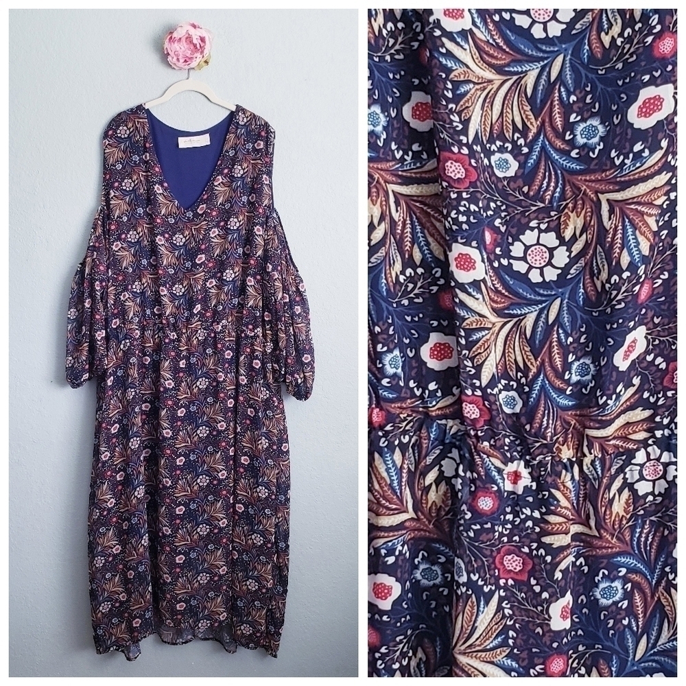 La Bellum Navy Floral Cold Shoulder Maxi Dress